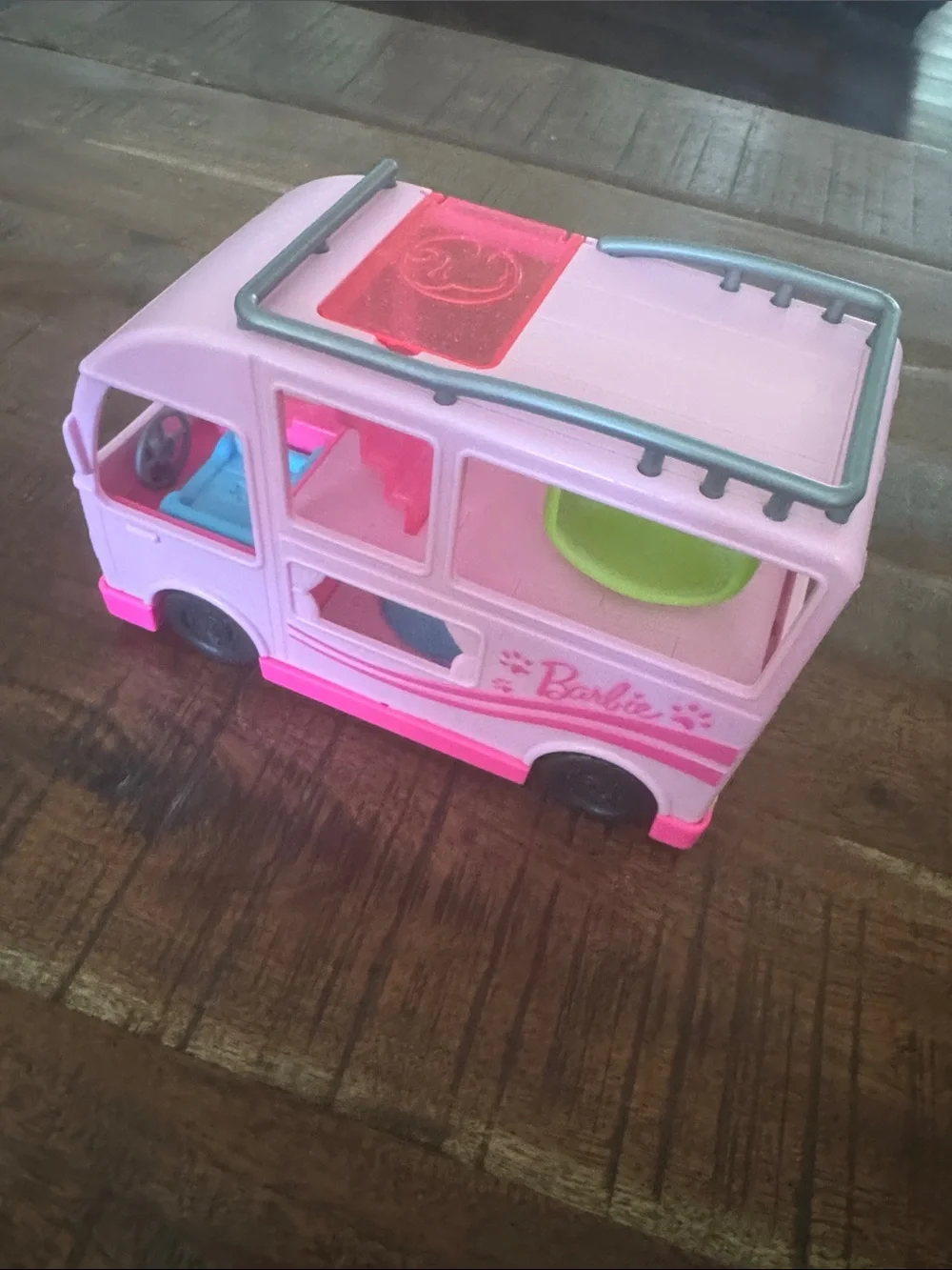 Barbie Pink and Light Pink Camper Van Toy with Gray Roof Rack